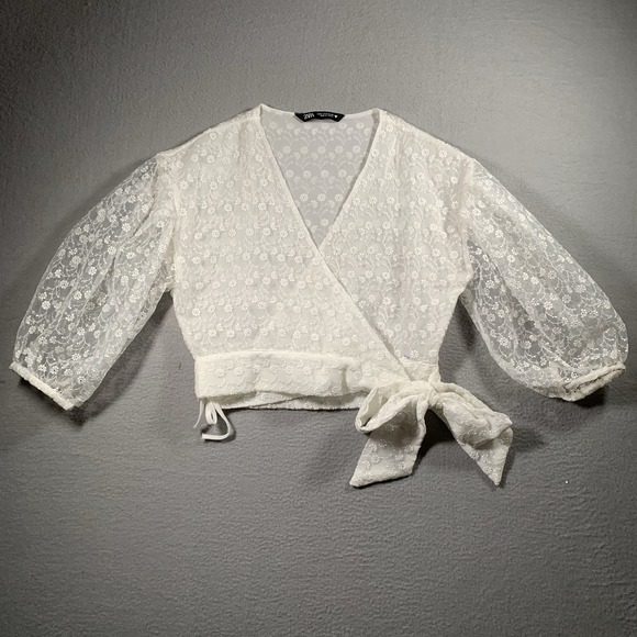Zara Tops - ZARA Womens White Floral Sheer Cropped Wrap Top Sz M 3/4 Puff Sleeve V Neck  T13